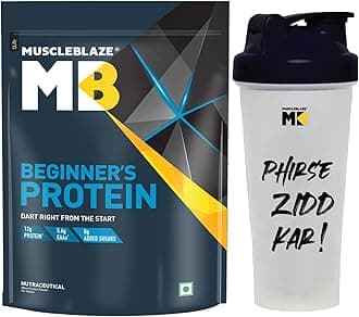MuscleBlaze Beginner's Whey Protein, No Added Sugar, Faster Muscle Recovery & Improved Strength (Cookies & Cream, 1 kg / 2.2 lb) with Shaker, 600 ml (Combo Pack)