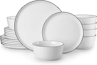 18 Pieces Gourmet Porcelain Dinnerware Sets, Premium Plates and Bowls Set, High-Fired Dishes Set for 6, Chip & Scratch Resistant, Microwave Dishwasher Safe, White & Black Rim, Series LEXI