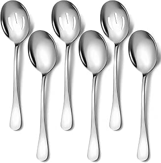 6 Pieces Stainless Steel Serving Spoons Set Includes 3 Spoon, 3 Slotted, for Parties/Buffet/Catering, Dishwasher Safe, 8.5-Inch