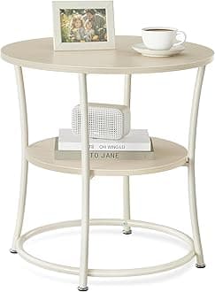VASAGLE Side Table, Round End Table with 2 Storage Shelves for Living Room, Bedroom, Nightstand with Steel Frame for Small Spaces, Accent Coffee Table, Natural Beige