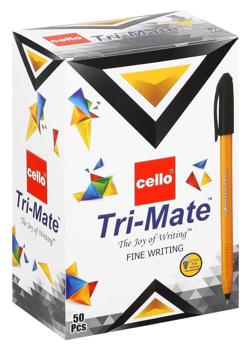 Cello Original Tri-Mate Triangular Barrel Ballpoint Pen Medium Point Biro (1.0mm) (Black, Pack of 50)
