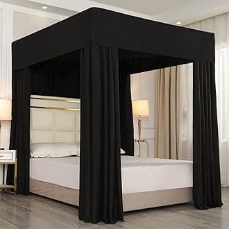 Black Four Corner Post Canopy Bed Curtains Sheer Cover Canopy Bedroom Decoration Lightproof (Full, Black)
