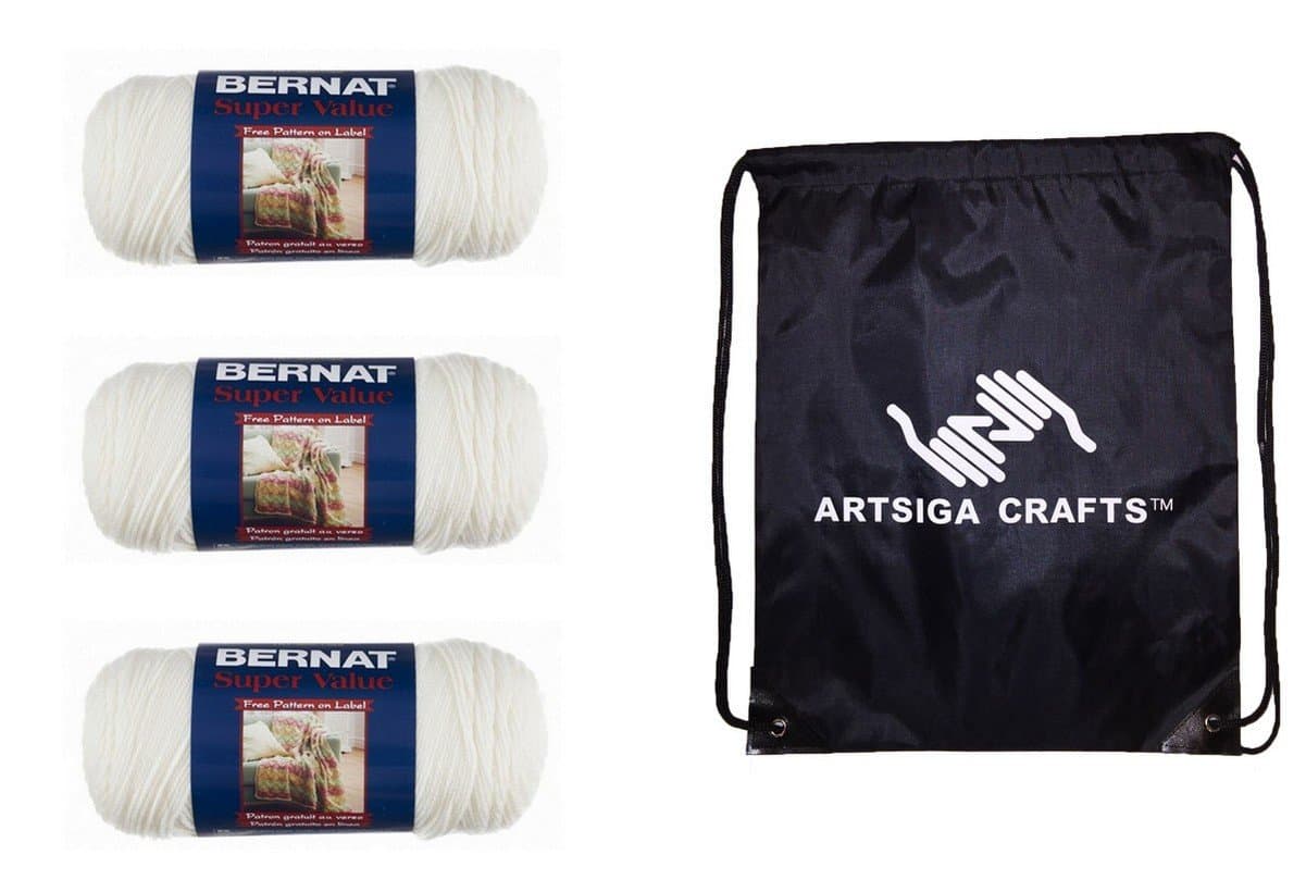 Bernat Super Value Solid Yarn Pack of 3 with 1 Artsiga Crafts Project Bag