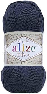 Alize Diva Silk Yarn - Microfiber Acrylic Sport Weight Yarn - Lightweight & Soft Yarn for Crocheting & Knitting Scarves, Clothes & Crafts - 1 Skein 100g, 383 Yards, Fingering Weight 14 WPI 361 Navy