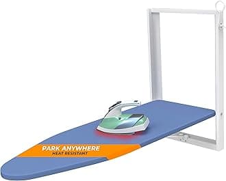 Wall Mounted Ironing Board, 36.2" X 12.2" Compact Mount Fold Down Iron Board for Small Spaces, Space Saving with Cotton Fabric Cover, White and Blue