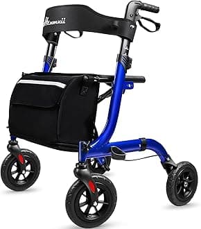 Henmnii Rollator Walker for Seniors, Lightweight Foldable All Terrain Rolling Walker with seat, Aluminum Walkers with 8 inch Rubber Wheels, Handles and Backrest for Seniors and Adult