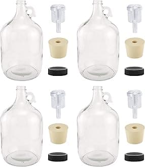 1 Gallon Glass Fermenting Jug with Handle, 6.5 Rubber Stopper, 2-Piece Airlock, Black Plastic Lid - Set of 4