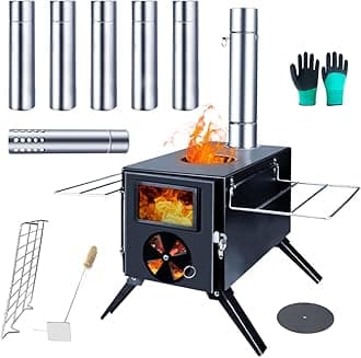 Fitinhot Camp Wood Stove, Tent Wood Burning Stoves Portable with Chimney Pipes, Upgraded Titanium Surface Camping Stove, Heat Resistant Glass & Gloves for Outdoor (Black)