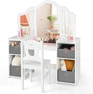 GYMAX Kids Vanity Table and Chair Set, 2-in-1 Princess Dressing Table with Tri-folding Mirror & 4 Storage Bins, Wooden Girls Makeup Desk for Bedroom Playroom (White+Grey, Chair: 30 x 30 x 66 cm)