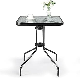 VINGLI Outdoor Bistro Table, 24" Patio Table Steel Frame Tempered Glass Top, Dining Tables for Balcony Garden Poolside (24'' Square)