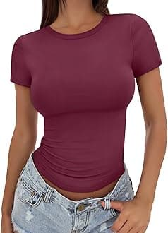 Womens Stretchy Soft Opaque Basic T Shirts - Slim Fit Short Sleeve Y2k Cute Summer Crop Workout Tops