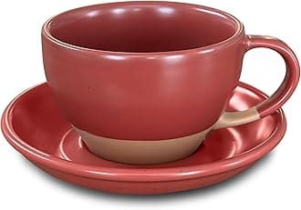 MORA Ceramic Latte Art Mug With Saucer - 10.5 oz, Round Bottom For Perfect Pours - Cafe Cups for Cappuccino, Espresso, Coffee, Tea etc - Porcelain Set for Baristas, Great Gift - Crimson Red