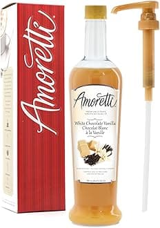Amoretti - Premium White Chocolate Vanilla Syrup, 94 Servings Per Bottle (750 ml), with Pump for Flavoring Coffees, Cocktails, and other Beverages, Gluten Free, GMO/GEO Free, Preservative Free