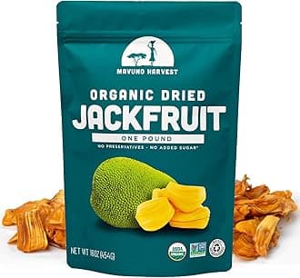 Mavuno Harvest Jackfruit Dried Fruit Snacks | Unsweetened Organic Dried Jackfruit Chips | Gluten Free Healthy Snacks for Kids and Adults | Vegan, Non GMO, Direct Trade | 1 Pound Bag