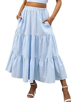 ANRABESS Women’s Summer Boho Elastic Waist Pleated A-Line Flowy Swing Tiered Long Beach Skirt Dress with Pockets