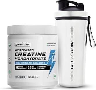 Wellcore Pure Micronised Creatine Powder With Shaker (83 Servings, Unflavoured) For Enhanced Muscle Strength With Rapid Absorption | Creatine Monohydrate | Wellcore Creatine Flavoured - 250g