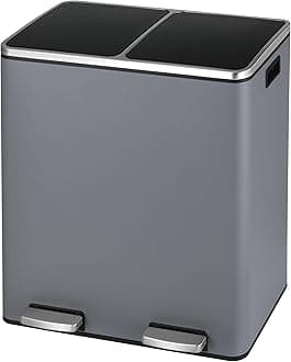 Arlopu Dual Trash Can, 2 x 8 Gallon (2 x 30 L) Hands-Free Trash and Recycle Bin Combo, Stainless Steel Kitchen Garbage Can with Soft-Close Lid, Removable Inner Buckets, Step Pedal, Airtight (Grey)