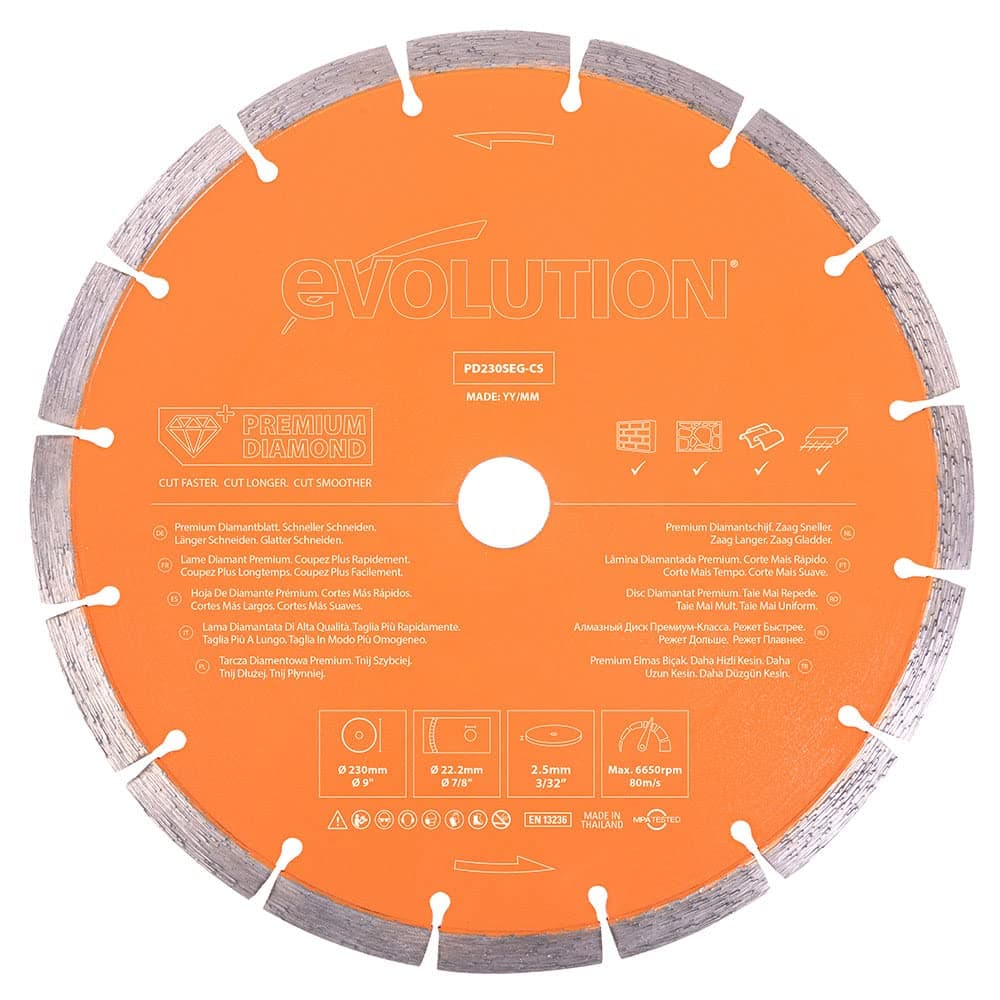 Evolution 9 Inch Diamond Blade with Segmented Edge, 7/8 in Bore, Concrete, Stone, Brick Cutting Diamond Blade, Black