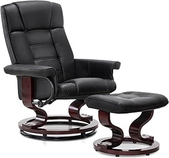 Manual Swivel Recliner with Ottoman, Chair Ottoman Set for RV Small Spaces, Living Room, Bedroom, Office 9019 4919 (Faux Leather, Black)