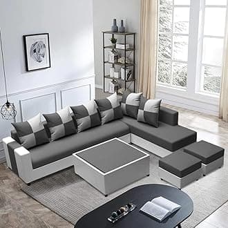 Syria 8 Seater Fabric RHS L Shape Sofa Set with 1 Centre Table & 2 Puffy (Dark Grey-Light Grey)