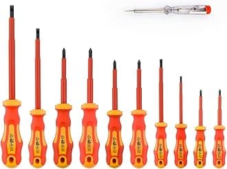 11 Pieces VDE Insulated Screwdriver Set, 1000V with Black Tip Magnetic, TPR Handle Electrician Soft-Grip Slotted Phillips and Pozi Tools with Safety Tester for Electrician Repair