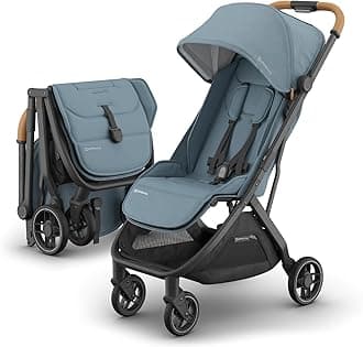 UPPAbaby Minu V3 Travel Stroller | Lightweight + Compact Design | One-Hand Fold + Unfold | from Birth + Overhead Compatible | Dillan (Stone Blue/Carbon Frame/Sand Leather)