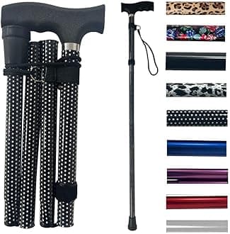 Life Healthcare Walking Stick for Women and Men, for Elderly Or Disabled, Folding Adjustable Height, Right Or Left Handed, Non-Slip Rubber Tip, Wrist Strap, Lightweight (Polka Dot)