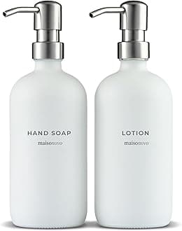 Glass Soap Dispenser with Pump | Vintage Soap Dispenser Bathroom and Kitchen Set w. Dish Soap, Hand Soap, Lotion Waterproof Labels | 16oz Bottles with Pumps - Set of 2