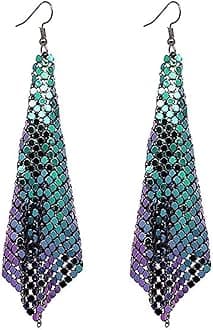 Trendy Women Earrings Metal Mesh Grid Sequins Tassel Long Drop Dangle Earrings