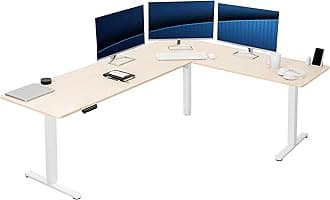 VIVO Corner Standing Desk, 84 x 63 inch Reversible L-Shaped Workstation, Electric Height Adjustment, Home, Office, and Reception Rooms, Light Wood Table Top White Frame, DESK-E3CTWC-84