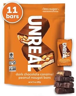 UNREAL Dark Chocolate Peanut Caramel Nougat Bars - Individually Wrapped, Low Sugar Chocolate, Snacks for Adults & Kids, Organic Ingredients, Soy Free, Non-GMO (1 bag, 209grams)