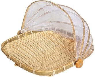 Bamboo Tent Basket Food Serving, Mesh Cover, Hand Woven Insect Bug Proof, Dustproof Fruit Vegetable Bread Storage Container for Picnic, Outdoor, Home Drying (Square,S)