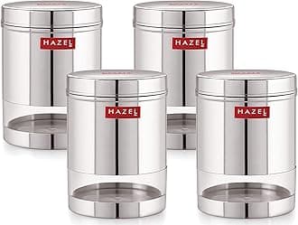 HAZEL Stainless Steel Transparent Wide Mouth See Through Container, Silver, Set of 4, 950 Ml