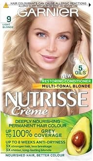 Garnier Nutrisse Ultra Crème Vegan Hair Dye, 9 Light Blonde. Provides 100% grey coverage and bright, luminous 8-week colour. Gentle, no-ammonia, and vegan for a stunning, light blonde transformation.