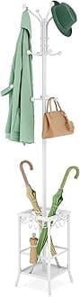 Hoctieon Coat Rack Freestanding, Coat Tree with Umbrella Holder, Metal Coat Rack Stand with 12 Hooks, Standing Coat Hanger Stand, Umbrella Stand for Entryway, Hat Rack Stand for Home Office, White