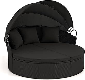 RELAX4LIFE Round Outdoor Daybed with Canopy - Wicker Rattan Sectional Sofa Sunbed w/Cushions & 3 Pillows, Clamshell Conversation Lounger Separated Seating Set for Garden Porch, Patio Day Bed (Dark)