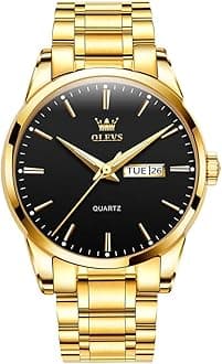 Men's Stainless Steel Watches Three Hands Minimalist Watches for Men Black Face Fashion Gold Bezel Men Quartz Watch Waterproof Luminous Simple Calendar Display Mens Easy Read Watch Reloj De Hombre