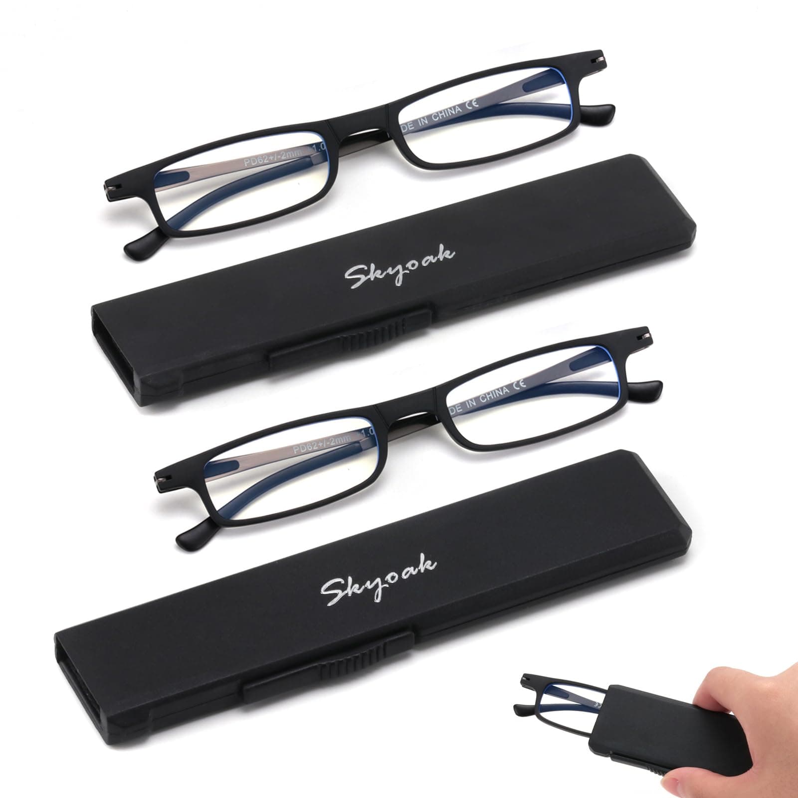 2 Pack Ultra Thin Lightweight Folding Reading Glasses Women Men TR90 Blue Light Blocking Anti UV/Eyestrain Foldable Compact Computer Readers Portable Unique Stretchable Slim Flat case Black +1.5