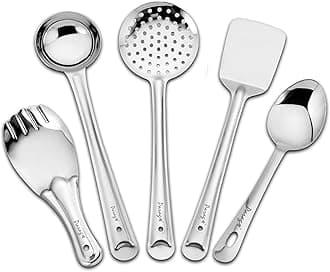 5 Pieces Stainless Steel Kitchen Tools Set for Kitchen Cooking and Serving, Pack of 5, Ladle(Karchhi), Skimmer(Jhara), Turner/Spatula (Palta), Basting and Rice Spoon, Silver