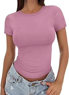 Trendy Queen Womens Stretchy Soft Opaque Basic T Shirts - Slim Fit Short Sleeve Y2k Cute Summer Crop Workout Tops