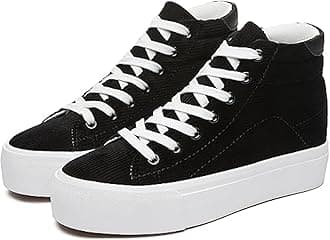 THATXUAOV Womens Corduroy High Top Sneakers,Casual Platform Shoes for Women,Lace up Platform Tennis Shoes(Black.US7)