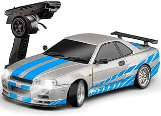 LD1899 1/18 RC Drift Car GTR R34 2.4GHz RWD with Gyroscope on-Road Alloy Body Shell Racing Cars Radio Control (Blue Grey)
