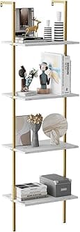 Wolawu Ladder Shelf 4 Tiers Metal Industrial Bookshelf,White Marble Wood Tall Open Storage Rack and Display Shelves,Wall Mount Wide Book Case for Home Office Bedroom,Small