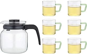 Borosil - Carafe Flame Proof Glass Kettle with Stainer, 650 ml + Borosil Vision Tea N Coffee Glass Mug Set of 6 - Microwave Safe, Green Handle, 190 ml