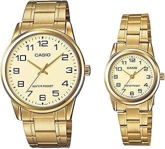 His & Her Gold Dial Stainless Steel Band Couple Watch - MTP/LTP-V001G-9BUDF