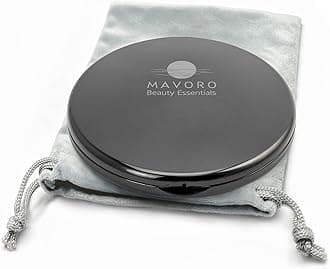 Magnifying Compact Mirror - 10X Magnification Mirror and 1X Mirror - 4 inch Diameter, Travel, Compact Makeup Mirror for Purses by Mavoro Beauty Essentials (Black)