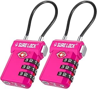 SURE LOCK TSA Approved Luggage Locks – 3-Digit Combination Cable Lock with Red Indicator, Large Dial & Easy-Press Button for Suitcases and Backpacks – Multi-Pack & Color Options, ROSE RED 2 PACK