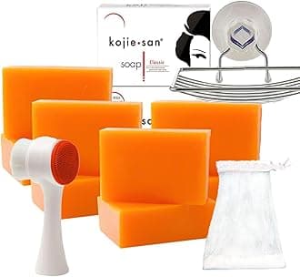 Face & Body Shower Set - The Original Kojic Acid, Dark Spot Remover Bar with Coconut & Tea Tree Oil – 65g x 8 Bars with Leafa Soap Net, Brush and Soap Dish