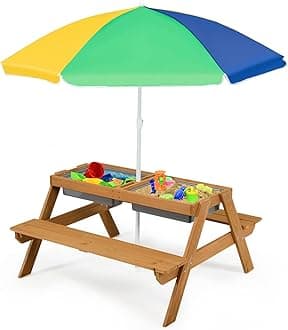 Kids Picnic Table with Sensory Bins, 4 in 1 Sand and Water Table with Height Adjustable Umbrella, Removable Tabletop, Wooden Kids Outdoor Table for Backyard Patio Play