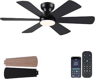 46 inch Ceiling Fans with Lights, Black Ceiling Fan with Remote APP, Dual-Sided Modern/Rustic 6 Blades, Reversible, 3CCT, Flush Mount Low Profile Ceiling Fan with Lights Bedroom Kitchen Indoor